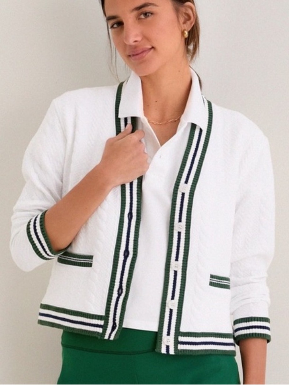 TUCKERNUCK Sport Charley Cable Knit Tennis Cardigan Small White Green NWOT